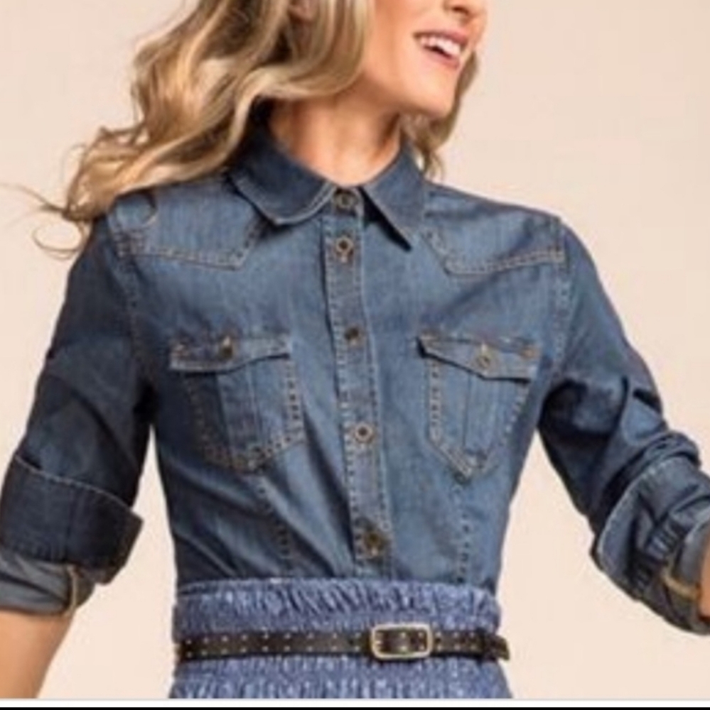CAbi Denim Chambray Long-sleeved Button-Up # 970 Blue Med. - Picture 6 of 14